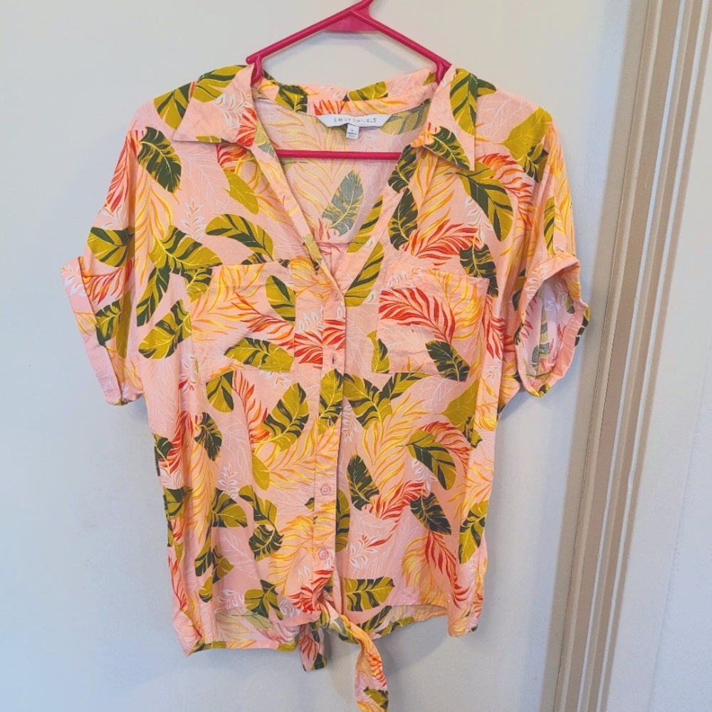 Emily Daniels Women's Sz Large Top Tropical Print Blouse Cap Sleeve Tie Waist
